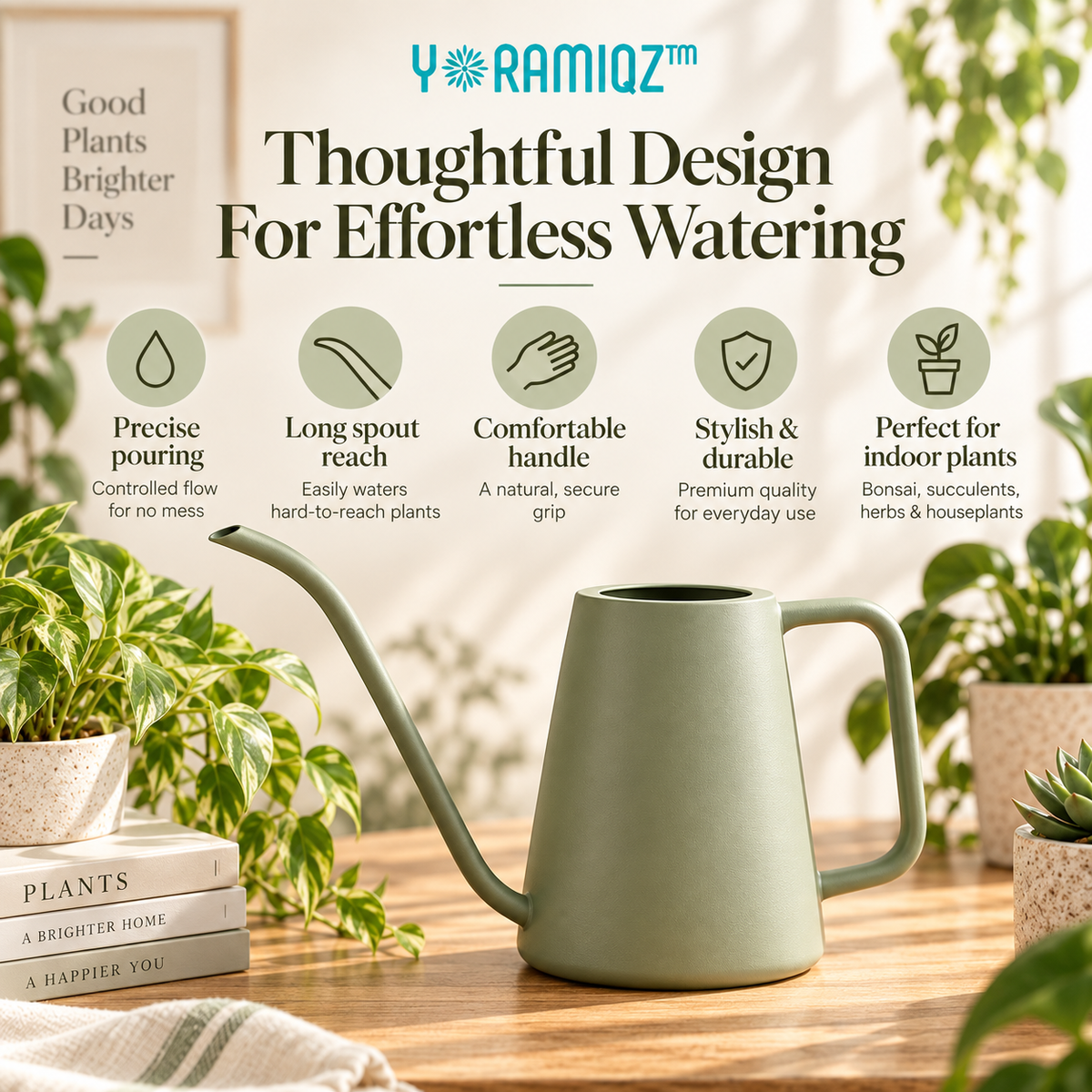 Yoramiqz™ Terra Pour – Minimalist Long-Spout Watering Can for Indoor Plants, Bonsai, Succulents, Herbs & Houseplants