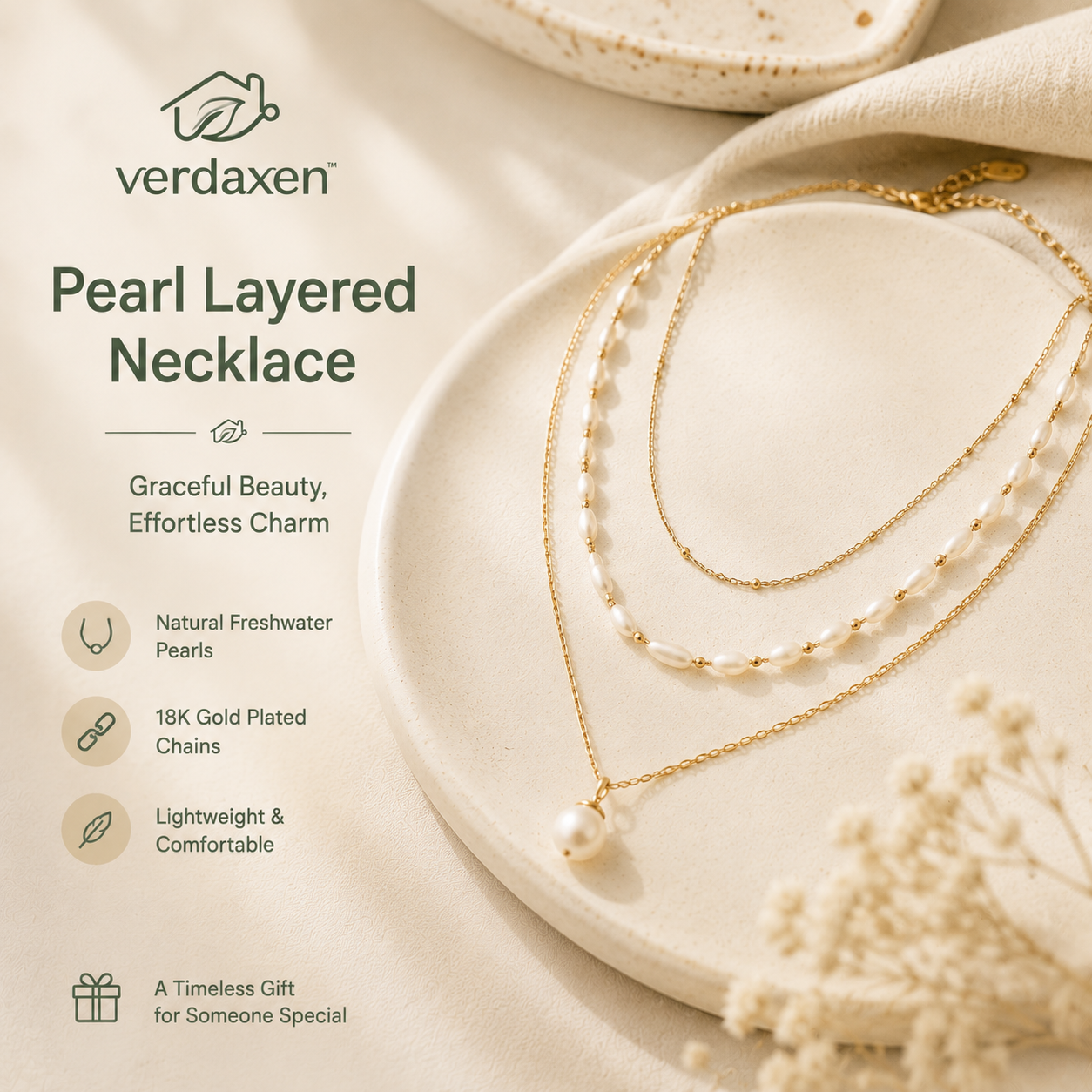 Verdaxen™ Freshwater Pearl Layered Necklace, Minimalist Gold Chain Jewelry, Elegant Feminine Necklace