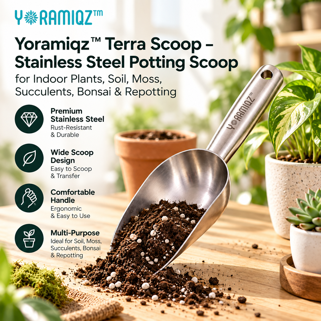 Yoramiqz™ Terra Scoop – Stainless Steel Potting Scoop for Indoor Plants, Soil, Moss, Succulents, Bonsai & Repotting