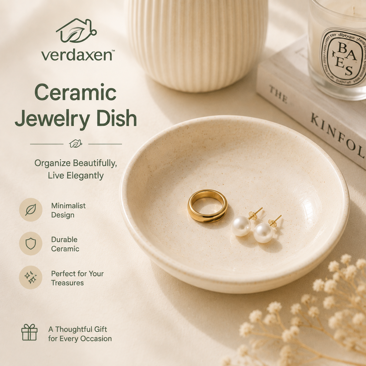 Verdaxen™ Ceramic Jewelry Dish Tray, Minimalist Ring Holder Bowl, Modern Vanity Organizer