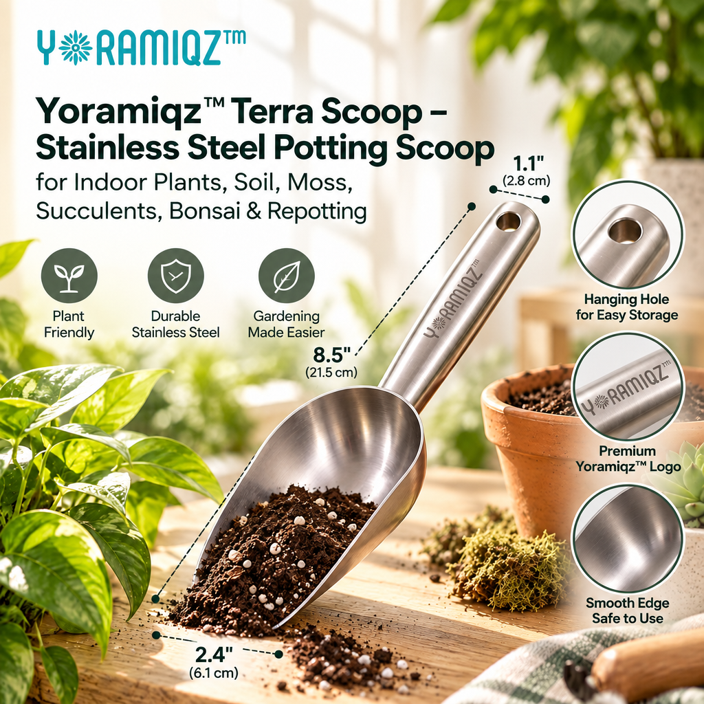 Yoramiqz™ Terra Scoop – Stainless Steel Potting Scoop for Indoor Plants, Soil, Moss, Succulents, Bonsai & Repotting