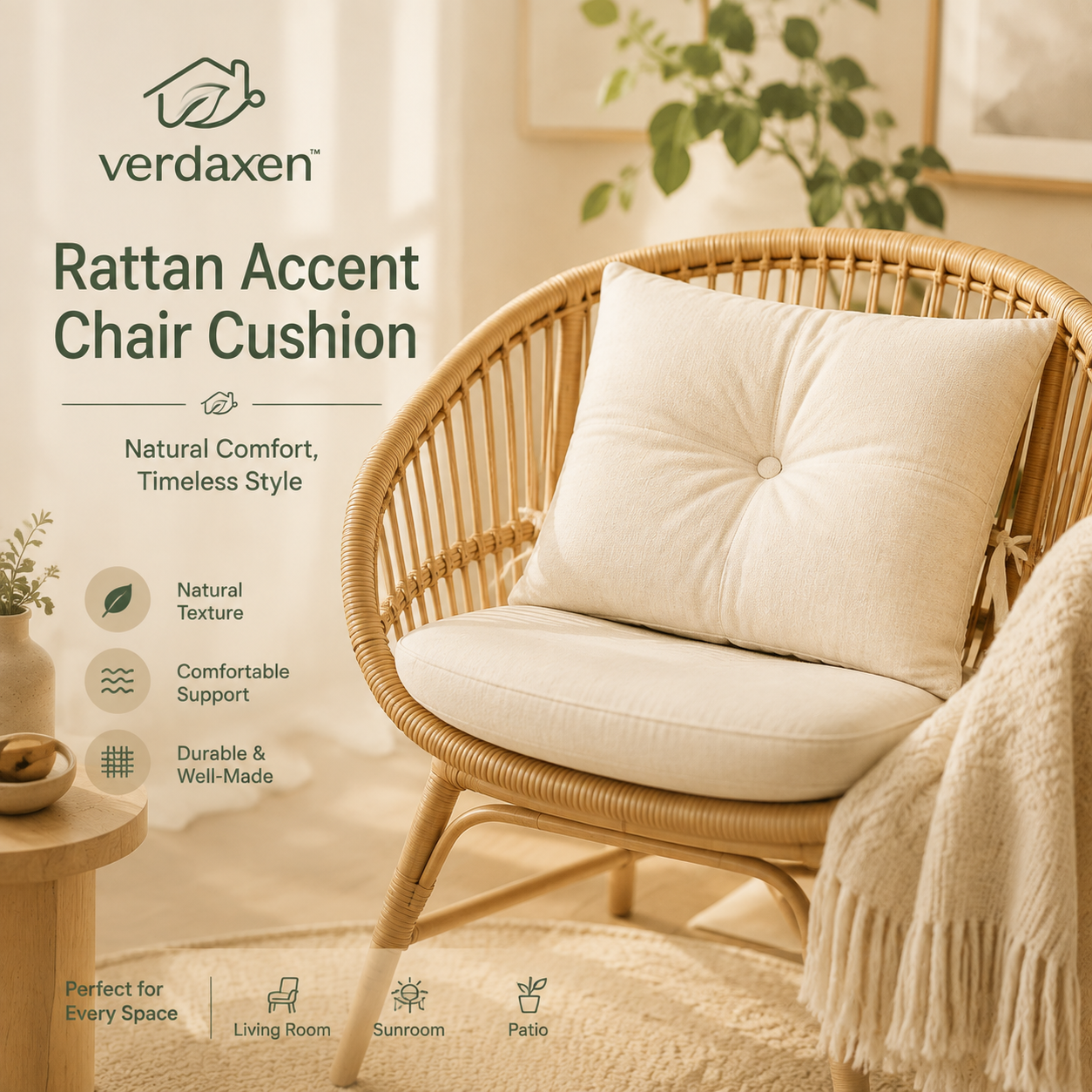 Verdaxen™ Rattan Accent Chair Cushion, Boho Minimalist Home Seating Decor, Natural Texture Furniture Accessory