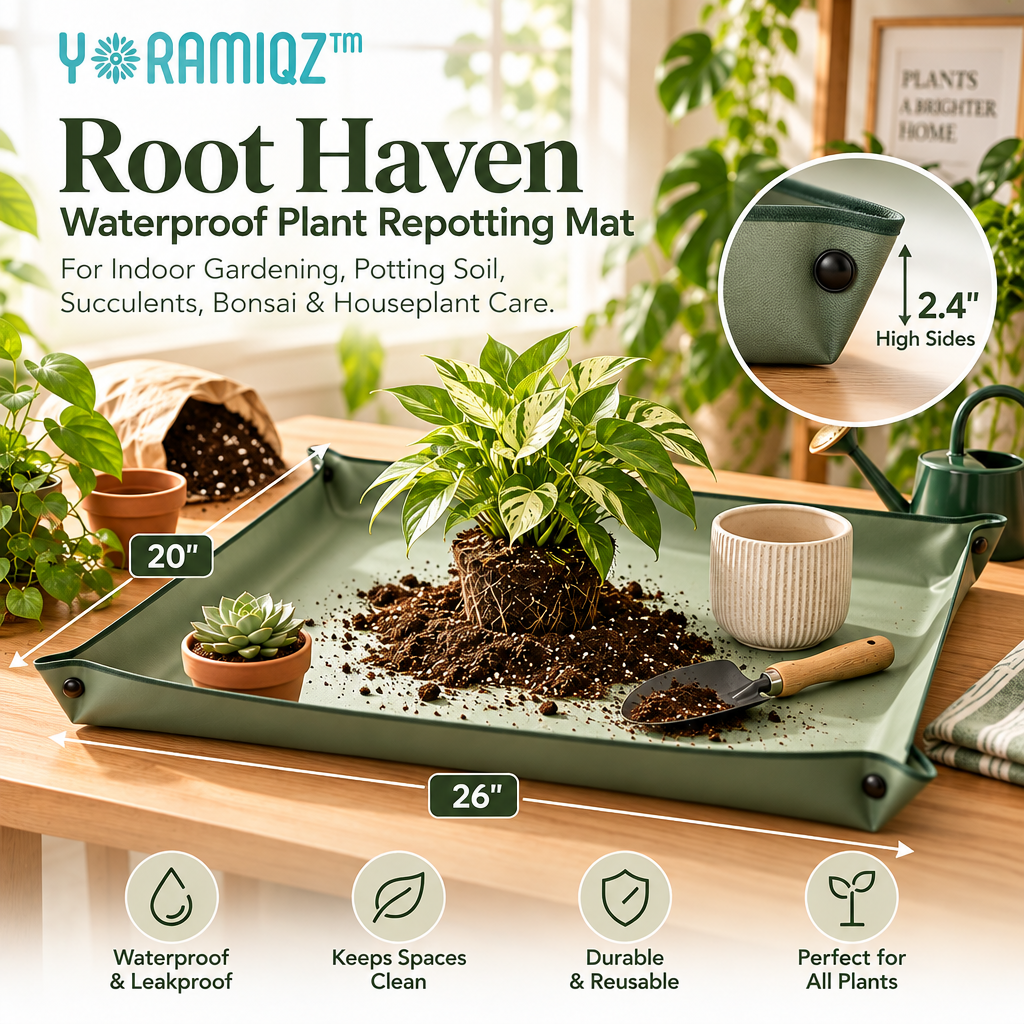 Yoramiqz™ Root Haven – Waterproof Plant Repotting Mat for Indoor Gardening, Potting Soil, Succulents, Bonsai & Houseplant Care