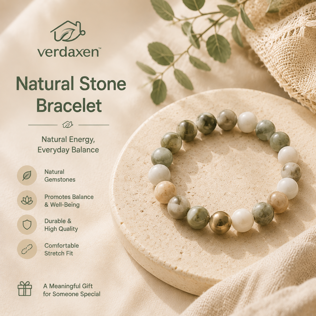 Verdaxen™ Natural Stone Beaded Bracelet, Minimalist Handmade Inspired Jewelry Accessory