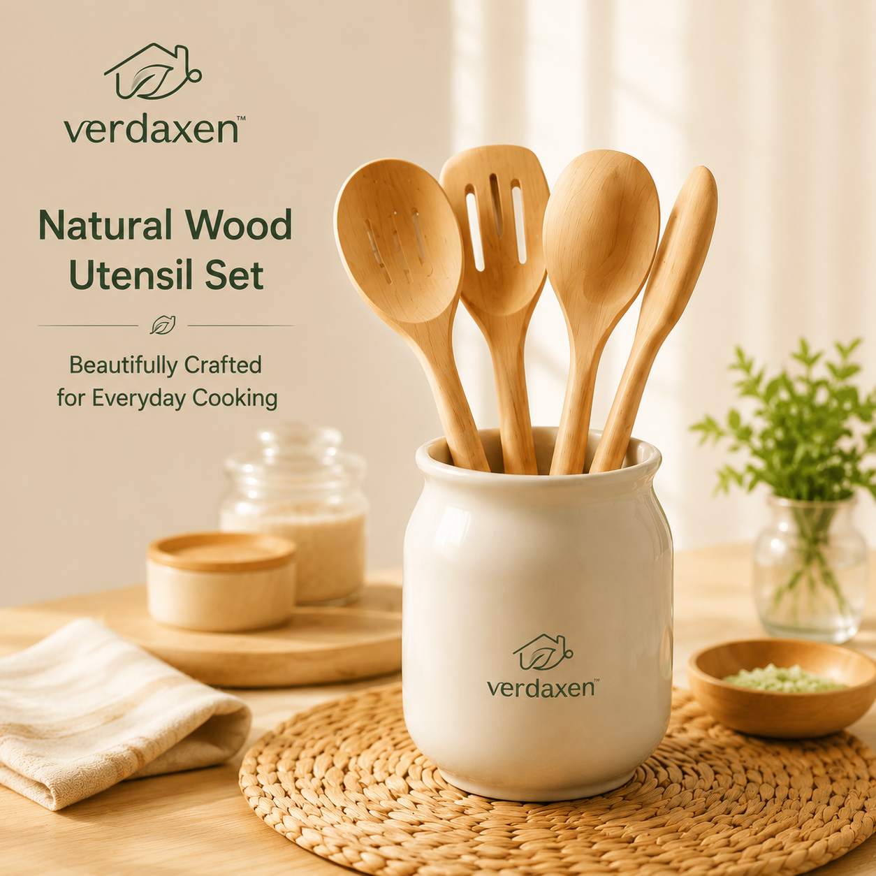 Verdaxen™ Natural Wooden Kitchen Utensil Set, Bamboo Cooking Tools, Eco Friendly Kitchen Accessories, Minimalist Cooking Utensils