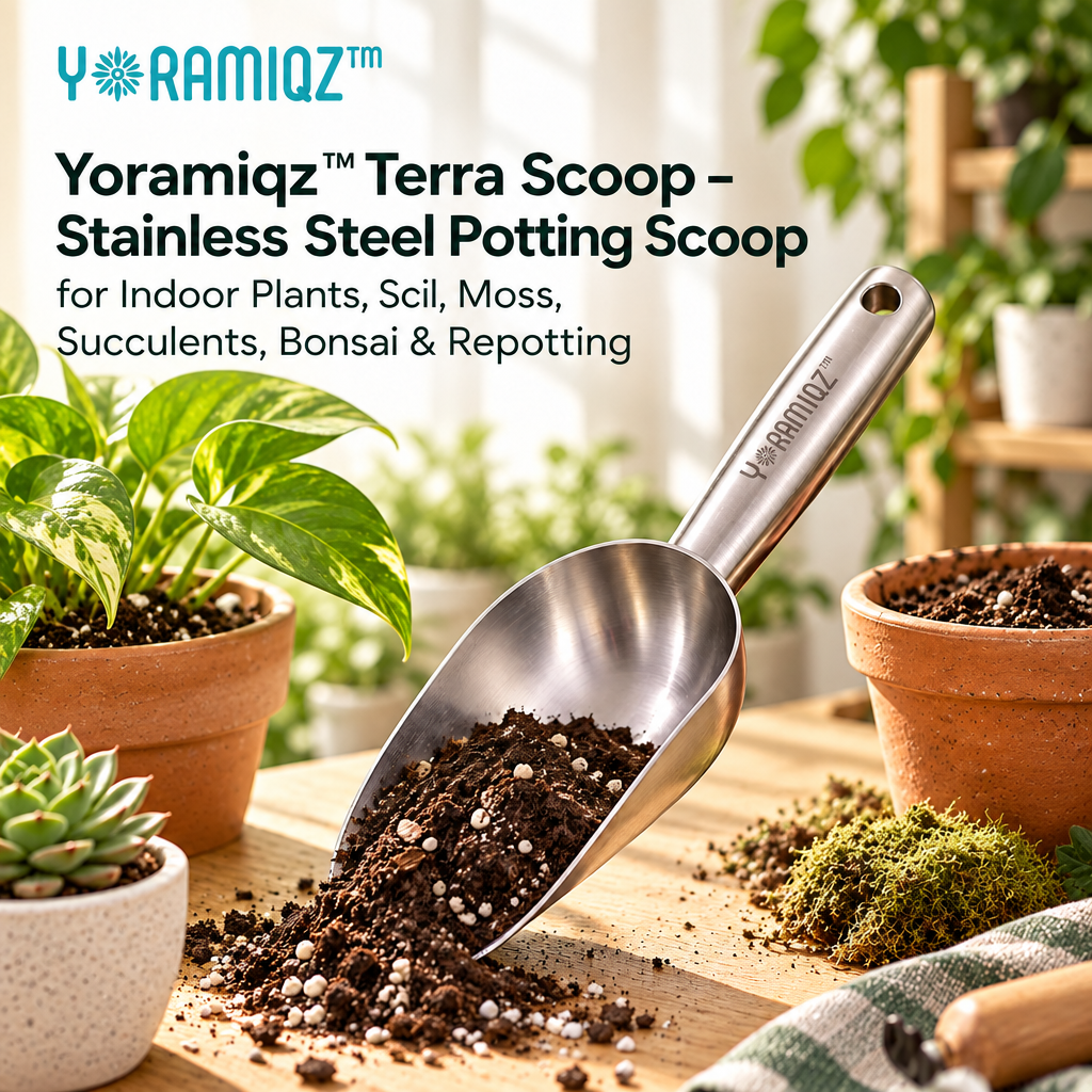 Yoramiqz™ Terra Scoop – Stainless Steel Potting Scoop for Indoor Plants, Soil, Moss, Succulents, Bonsai & Repotting