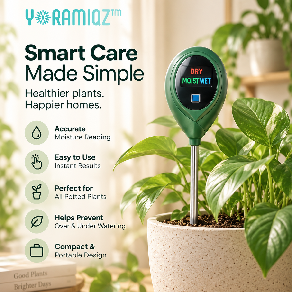 Yoramiqz™ Soil Sense – Digital Soil Moisture Meter for Indoor Plants, Houseplants, Herbs, Flowers & Potted Garden Plants