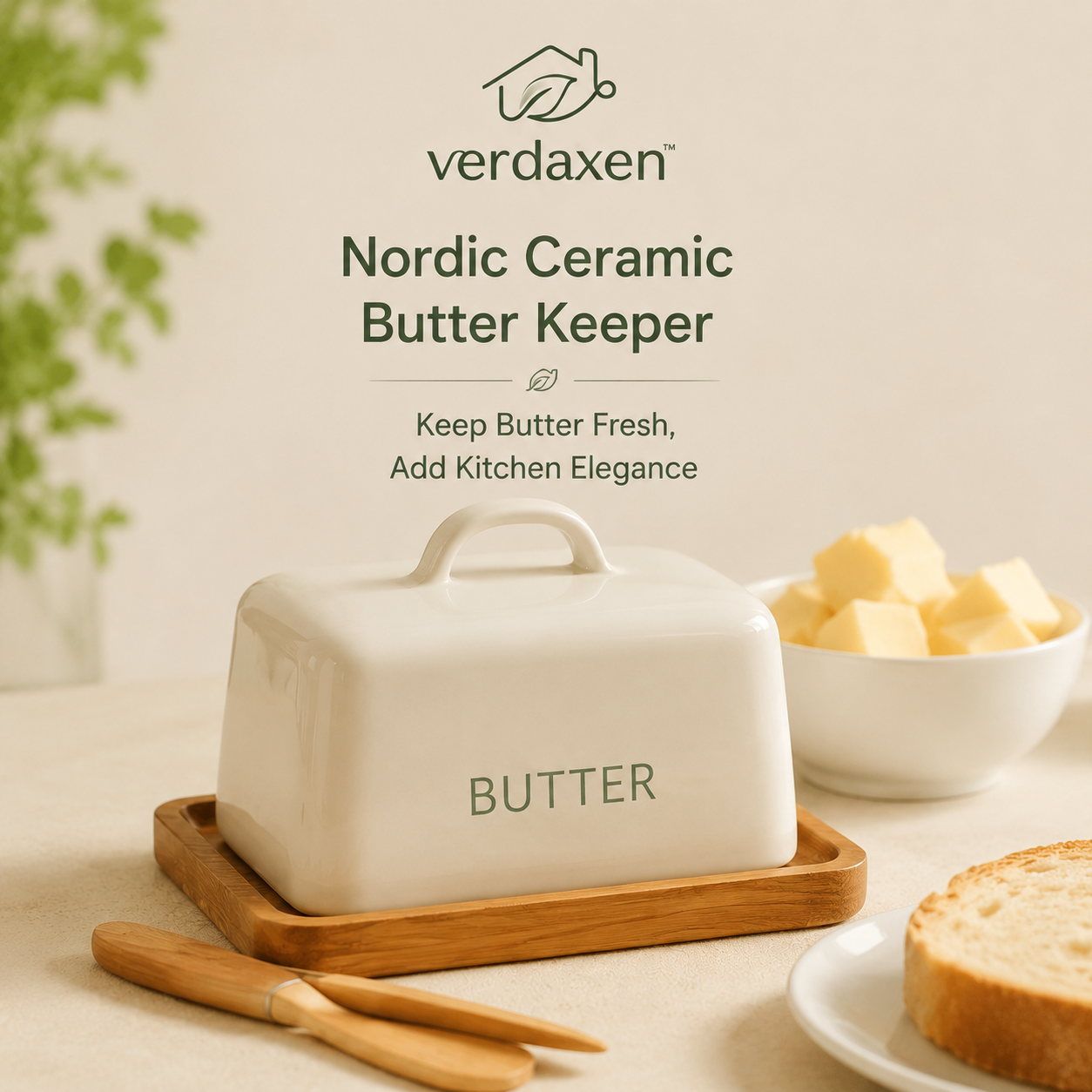 Verdaxen™ Nordic Ceramic Butter Keeper with Lid, Minimalist Kitchen Butter Dish, Modern Farmhouse Countertop Storage Container